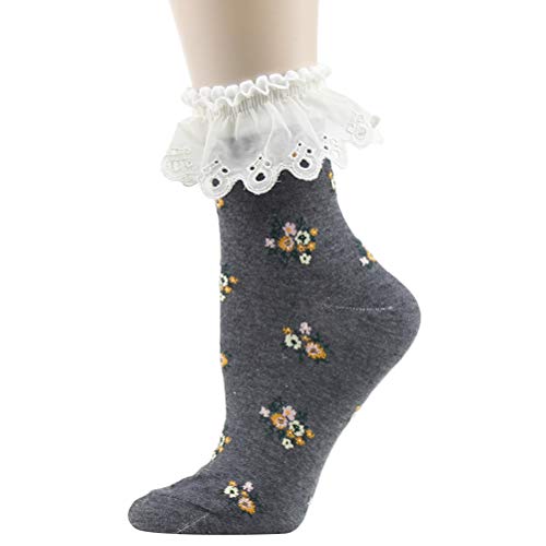 Image of KitNSox Funcat Women's Lace Ruffle Frilly Colorful Floral Cotton Casual Novelty Ankle Socks 4 /5 /6 Pairs