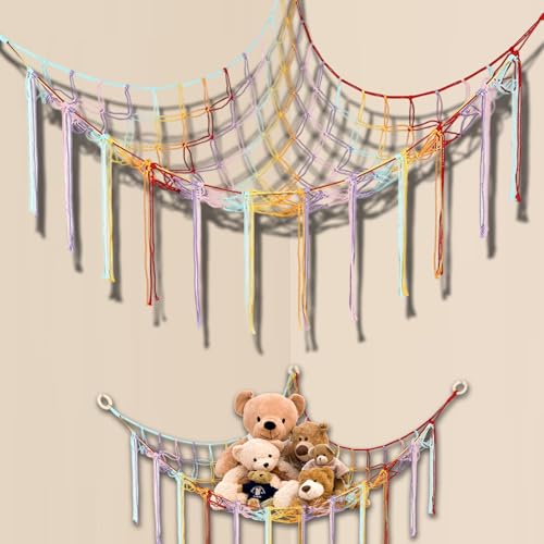 Aufbewahrung Kuscheltiere, Kuscheltier Netz für Kinderzimmer, Hängematte für Plüschtiere und Stofftiere, Maße 150 x 100 x 100 cm, Farbige Raumaufbewahrungslösung