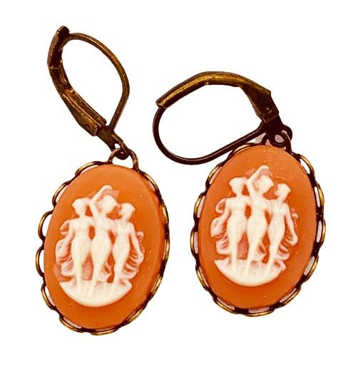 Coral and White Three Graces Cameo Earrings Resin Antique Gold