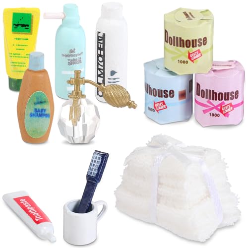 Silipull 12 Pcs Miniature Dollhouse Accessories 1: 12 Scale Dollhouse Decoration Accessories Include Dollhouse Toothbrush Toothpaste Tumbler Towel 3 Paper Towels Shampoo Lotion Cleansing Cream Perfume