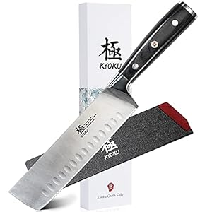 KYOKU Samurai Series – Nakiri Japanese Vegetable Knife 7″ – Full Tang – Japanese High Carbon Steel Kitchen Knives – Pakkawood Handle with Mosaic Pin – with Sheath & Case