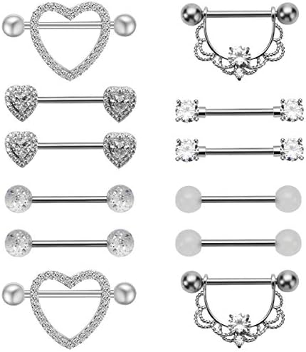 NASAMA Stainless Steel Acrylic Nipple Rings Tongue Ring CZ Barbell Heart-Shape Piercing Body Jewelry (6pair Steel color)