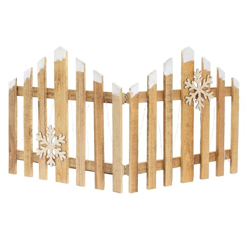 ECD Germany Decoración Valla de Navidad 77x38cm de Madera, 30 Luces LED Blanco Cálido y Temporizador, Función a Pilas, Mini Verja Navideña de Listones para Interior Adorno de Invierno Copos de Nieve