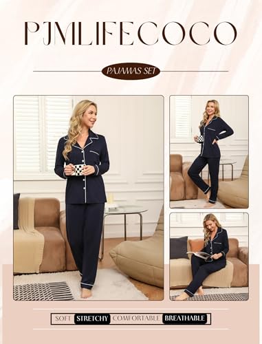 Image of Pjmlifecoco Pajamas Set Long Sleeve Womens Button Down Sleepwear Two Piece Nightwear Soft Pj Lounge Sets S-XXL