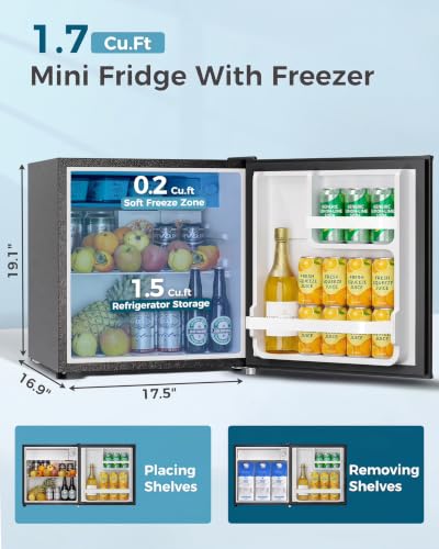 Image of Feelfunn Mini Fridge with Freezer - 1.7 Cu.Ft Single Door Mini Refrigerator with Adjustable Thermostat, Energy Saving, Low Noise, Small Fridge for Bedroom, Office, Dorm, Apartment, Classroom - Silver