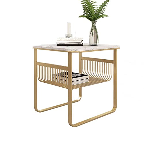 Mesa auxiliar Mesita de noche moderna con marco de metal, mesa auxiliar de borde de 2 niveles con estante de almacenamiento, sofá moderno, mesa de centro, estantería pequeña, estante de exhibición for