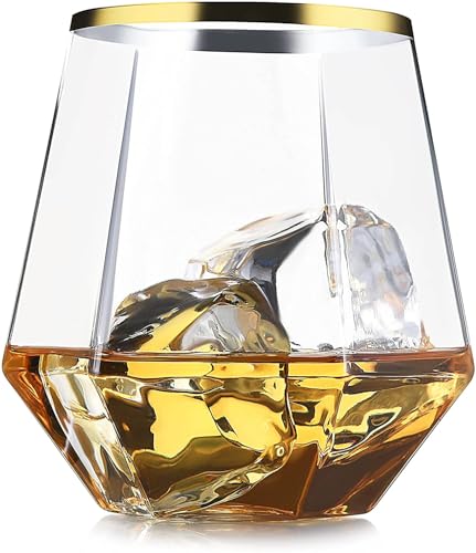 Image of PrimeWorld Gold Rim Diamond European Crystal Whiskey Glasses Set of 6 pcs- 300 ml Bar Glass for Drinking Bourbon, Whisky, Scotch, Cocktails, Cognac- Old Fashioned Cocktail Tumblers