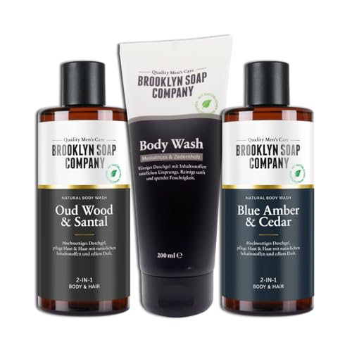 Brooklyn Soap Company 3er Set: 1 x Duschgel Oud Wood & Santal, 300 ml, 1 x Duschgel Blue Amber & Cedar, 300 ml, 1 x Duschgel Body Wash Muskatnuss & Zederholz 200 ml