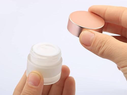 Miniatura 7 de Paquete de 8 frascos de vidrio esmerilado, mini recipientes vacíos para muestras de maquillaje con forro interior y tapas de oro rosa para lociones