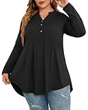 PLOKNRD Women's Plus Size Henley Shirts V Neck Tunic Tops Casual Long Sleeve Swing Flowy Blouse Black-2X