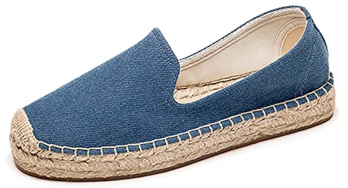 Image of Women's Classic Slip on Flat Shoes Casual Cap-Toe Platform Simple Espadrille Canvas Loafers Dark Denim 6