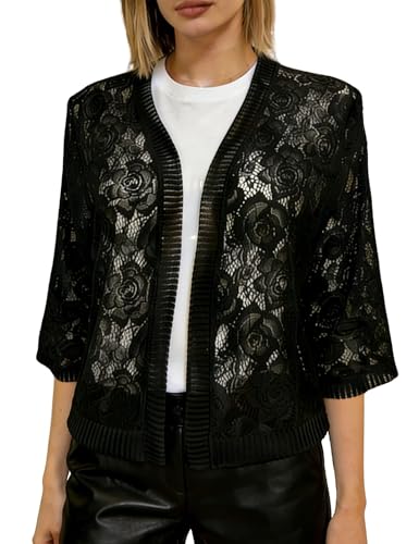 Image of FindThy Women's Casual Summer Lace Cardigan Open Front 3 /4 Sleeve Solid Lace Shrug Cover Up