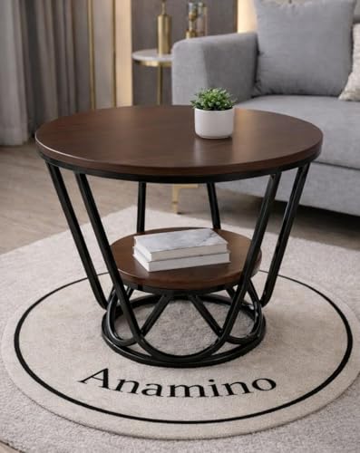 Image of Multi-Purpose Round Coffee Table Marble Look Sofa Tea Table 2-Tier Compact Center Table with Open Shelf Storage for Living Room Bedroom (Black Walnut)