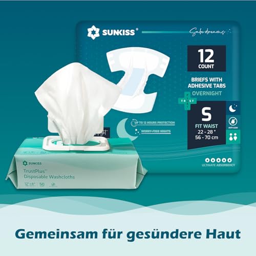 SUNKISS TrustPlus Inkontinenz Windeln für Erwachsene über Nacht, Saugfähige Einweg-Unterwäsche für Männer und Frauen mit Tabs, Unisex, Größe S, 12 Stück