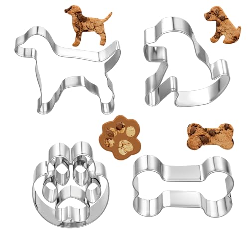 4 Stück Keksausstecher Hund Knochen, Fußabdrücke, Haus, Welpe Plätzchen Ausstecher Plätzchen Ausstecher aus Edelstahl für Kinderbacken, Kindergeburtstage, Hunde-Mottoparty