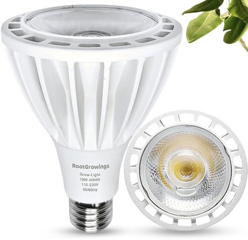 RootGrowings Grow Light, LED Bulb, PAR30, 18W, 4000K Daylight White, E27/26 Base, Indoor LED Grow Lights for Plants, Seeds and Greens, Balanced Light Spectrum, 25,000 Hours Lifespan (1 Pack) (White)