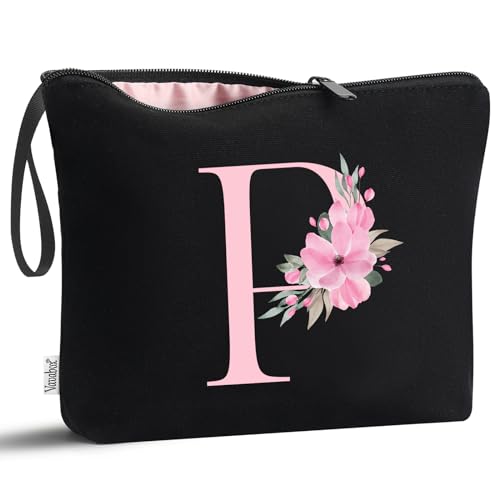 Image of Vavabox A-Z Personalized Makeup Bag, Birthday Gifts for Women Mom, Gifts for Best Friend, Bride Bridesmaid Cosmetic bag (P, 02-Black)
