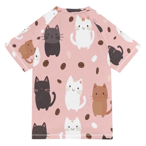 Boys Short Sleeve T-Shirts Cute Cat Cartoon Rashguard Kids Swim Shirts Sun UPF 50+2