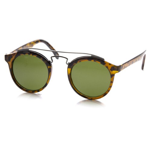 zeroUV Small Retro Fashion Metal Crossbar Round Circle Horned Rim P-3 Sunglasses (Tortoise Green)