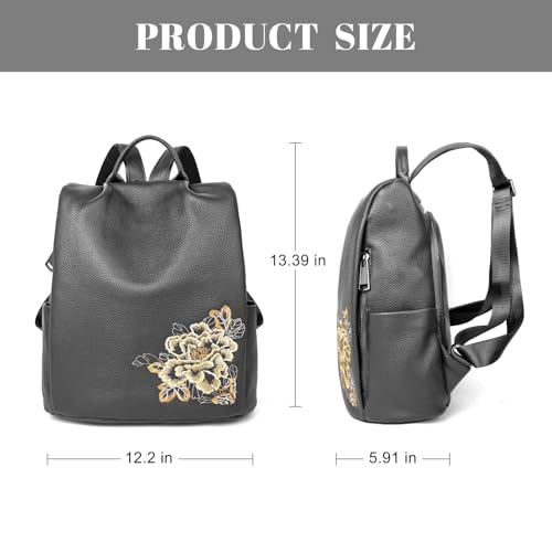 Image of BOYATU Genuine Leather Backpack for Women: Elegant Floral Designer Purse - Small Shoulder Bag for Travel (Grey)