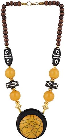 Aradhya Women's Yellow Wooden And Metal Beads Designer Tibetan Style Necklace