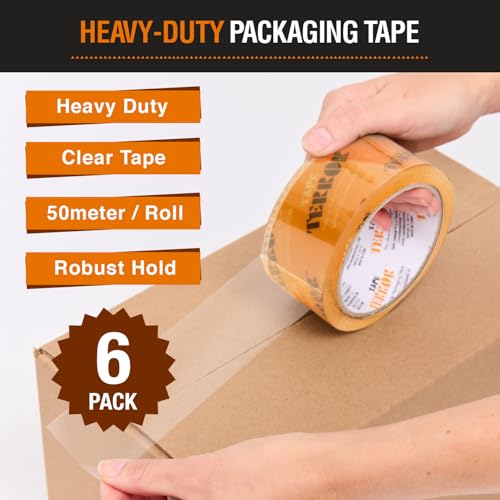 Image of Heavy-Duty Clear Packing Tape (6 Rolls) - 48mm x 50m Per Roll | Strong Packing Tape for Moving Boxes, Shipping, Mailing, Storage, And More, Ideal for Household & Office Use