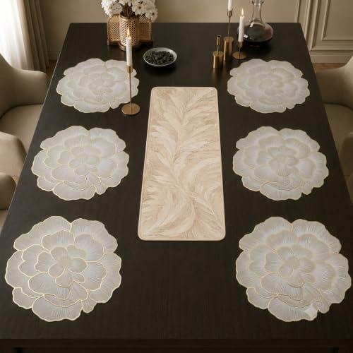Image of Dakshya Industries Designer Leaf Pattern PVC Table Mats Set | 6 Placemats with 1 Runner Washable Waterproof