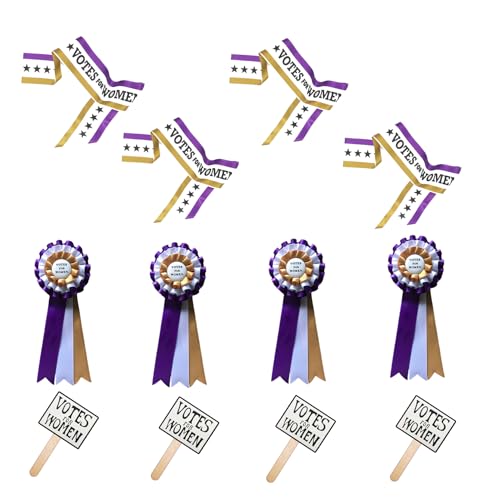 RosieCentral 4 Pack Suffragist Suffragette Sashes, Rosettes, Hand Signs Costume Kits. 1920 Votes for Women Accessories for Events. Suffrage for Women.