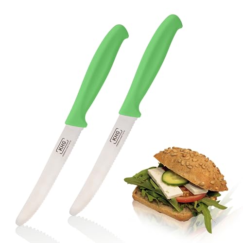 KHG 2er Set Frühstücksmesser Brötchenmesser Tomatenmesser Grün | 12 cm Klinge Edelstahl mit Wellenschliff | Tafelmesser Brotzeitmesser Vespermesser mit Fingerschutz