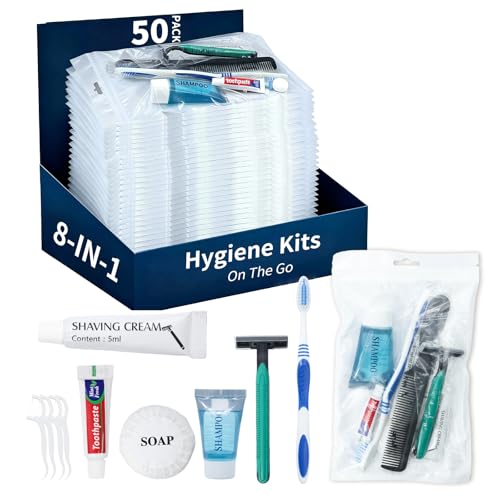 50 Pack Hygiene Kits for Homeless in Bulk 8-in-1 Personal Toiletry Kit Individually Packed with Toothbrush Toothpaste Comb Flossers Shampoo Soap Razor & Shaving Cream