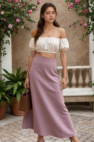 Women's Elegant Maxi Skirt, Lilac Purple, High Waist, A-Line Silhouette, Ankle Length
