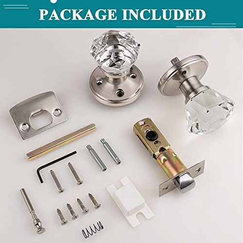 Orger 3 Pack Crystal Door Knobs With Privacy Function, Interior Keyless Bed/Bathroom Door Knobs With Lock, Round Satin Nickel Rosette With Shining Glass Knob #TOP5