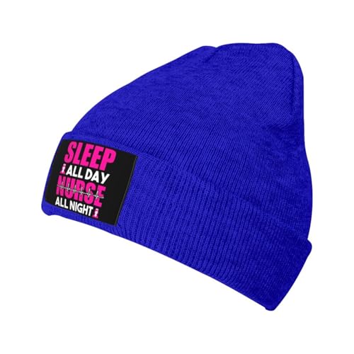 Sleep All Day Nurse All Night Beanie Hat Acrylic Knit Warm Winter Hats for Women Men Skull Cap Blue