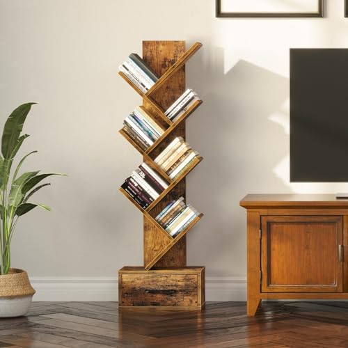 image for Rolanstar Bookshelf with Wooden Drawer, 7 Shelf Tree Bookshelf, Modern