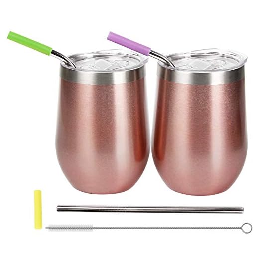 WELTRXE 2-pack vinglas med lock, 350 ml vinglas med 3 sugrör och borste, dubbelvägg vakuumisolerad rostfritt stål resemugg camping kaffemugg kopp, roséguld