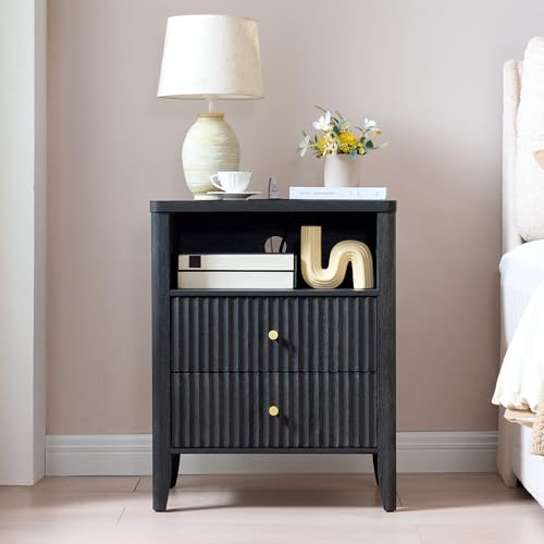 Image of Fluted Nightstand with Charging Station, 21 inch Wide Modern Bedside Table with 2 Drawers & Open Shelf, Wood End Table with Storage & Metal Handle for Bedroom, Small Spaces, Black
