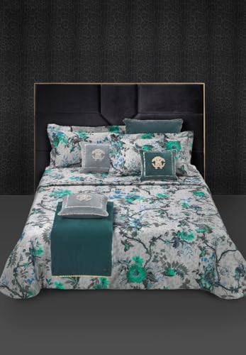 Roberto Cavalli Completo lenzuola matrimoniale effetto copriletto, realizzato in raso di cotone 100% con stama digitale ad alta definizione, made in Italy art. Botanic twist col. blue