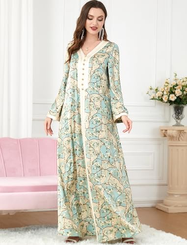 Image of FYMNSI Abaya Dress for Women Muslim Modest Maxi Robe Floral V Neck Eid Prayer Dresses Dubai Clothing Arabian Islamic Kaftan