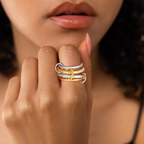 Goldegg Gold Stackable Rings for Women, 18K Gold Plated Cubic Zircon Rings Stack, Gold Silver Multi Ring Mix Metal Spinelli Ring for Women Non Tarnish(Stack Rings 10) — view 2