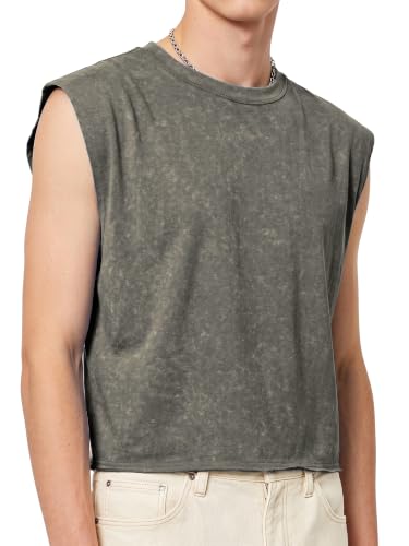 PLEPAN Men's Cropped Cotton Muscle Tank Tops Acid Washed Vintage T Shirts Workout Sleeveless Tee Gray X-Large — view 2