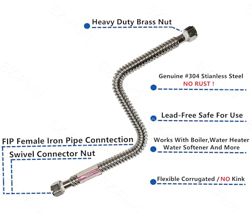 Image of EZ-Fluid 18 inch x 3 /4-Inch FIP x 3 /4-Inch FIP Corrugated Flexible Stainless Steel Water Heater Connector Supply Line for Female Iron Water Pipes Fitting,18-Inch (1-Pc)