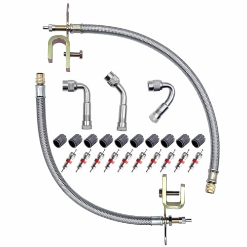 QISF 25Pcs Tire Valve Stem Set 2Pcs Stainless Steel Tire Extension Braided Extender + 3Pcs 45 90 135 Degree Valve Stem Extender with 20Pcs Valve Cores & Caps for Most Cars Truck