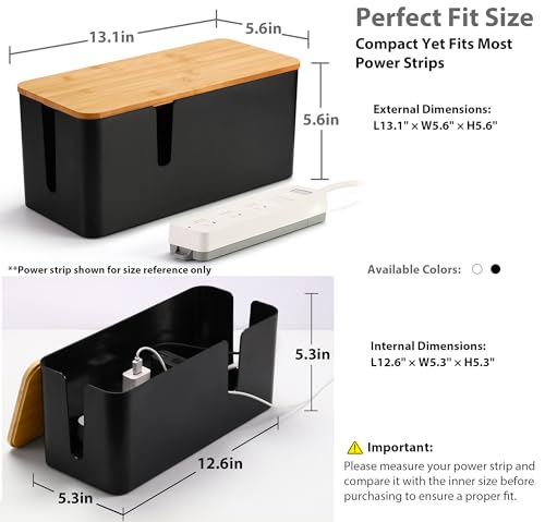 Image of ZhiYo Large Cable Management Box, Thick ABS Power Strip Organizer, Black | Extra-Tall Design for Oversized Adapters, Natural Bamboo Lid, Fits Power Strips Up to 12.5 inch Long, Ideal for Desks, TV Areas