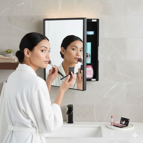 Image of BRANCO New Rich Look Bathroom Cabinet with Mirror | Storage Organiser | Strong Plastic Bathroom Shelves Wall Mounted | Bathroom Accessories| Mirror Cabinet- (Black)