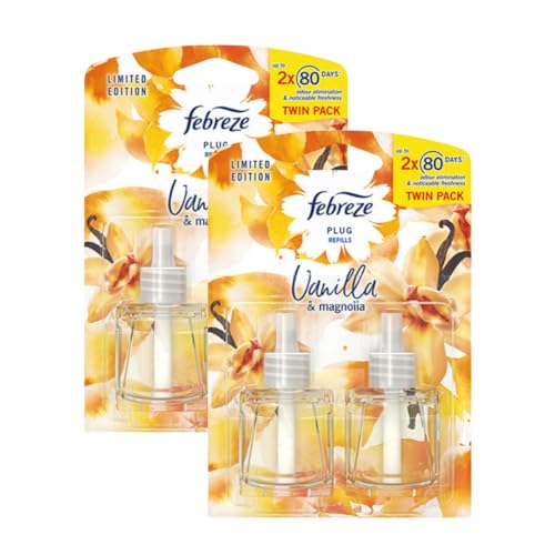Febreze Plug In Diffuser Air Freshener Refills - Odour Eliminator Home & Office Fragrance - Vanilla & Magnolia 20ml - Box of 4