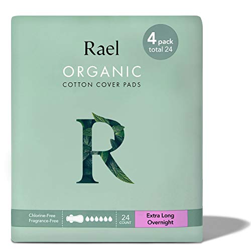 Rael Organic Cotton Sanitary Pads - Extra Long Overnight Size, Heavy Absorbency, Postpartum, Unscented, Ultra Thin Pads for Women (24 Count)