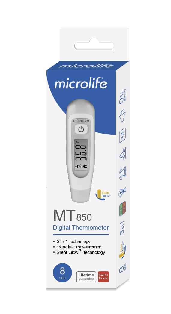 Microlife MT 850 Thermomètre Digital, Garantie à Vie, Qualité Professionnelle, Validé Cliniquement, 3 Modes Corps/Bain/Ambiant, Embout flexible, Ultra-rapide 8 sec, Alarme Fièvre, Écran Rétro-Éclairé