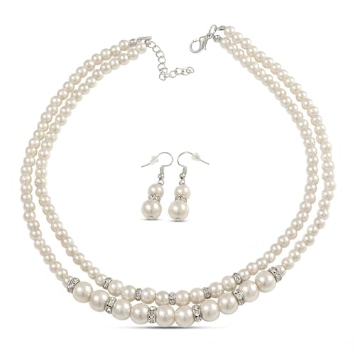 Juego de collar de perlas de imitación blancas de dos hebras con pendientes de gota