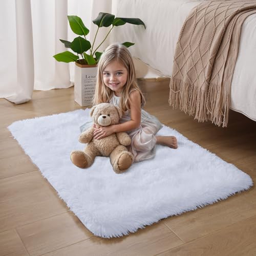 Small Bedside Rug, 2x3 Non Slip Fluffy Shaggy Entryway Throw Rugs for Bedroom Living Room, Indoor Floor Carpet for Kids Girls and Boys, Nursery Rooms Mat, Home Decor Aesthetic, White
