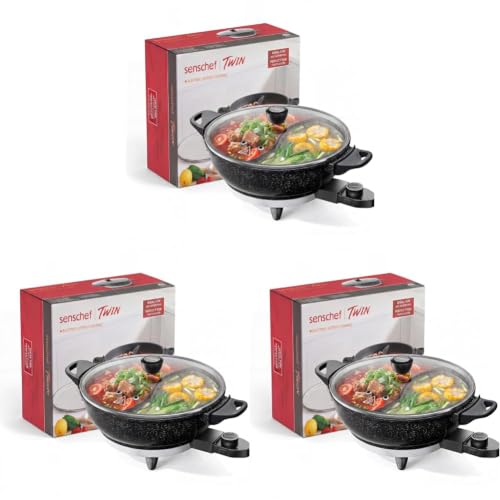 Image of TWIN Electric Hot Pot with Divider | EvenHeat Cast Aluminum Non-Stick Pot for No-Spot Cooking | 1500W Fast Heating | Dual-Flavor Shabu Shabu Pot for | 1-Yr Warranty | Granite Black